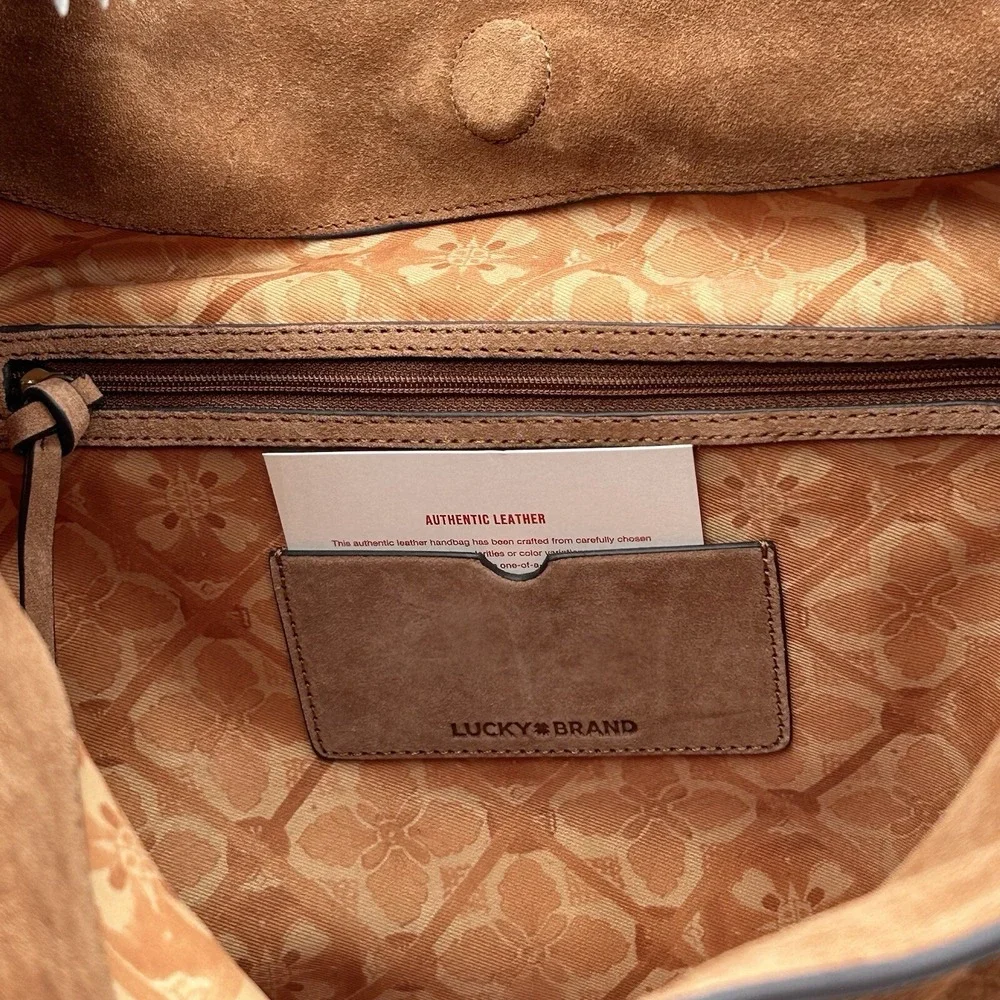 Lucky Brand Clem Suede Hobo Bag Brown Medium Leather Boho Tote 10X8X4